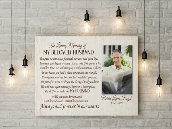 Memorial Canvas| In Loving Memory of My Beloved Husband Wall Art with Picture| Personalized Memorial Gift for Loss of Husband| Sympathy Gift for Husband in Heaven| JC677