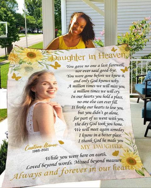 Personalized Sunflower Memorial Blanket for Daughter - Daughter in Heaven Blanket - Daughter Remembrance Fleece Blanket Sympathy Gift for Loss of Daughter In Memory of Daughter - JB313