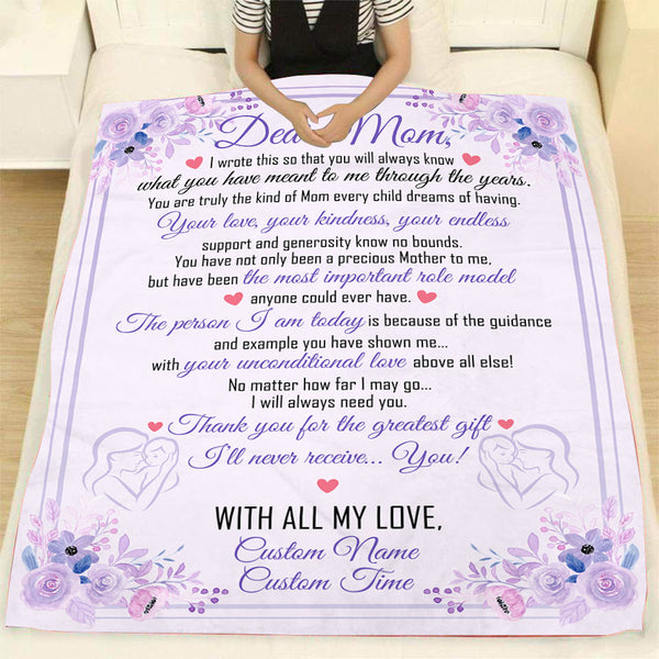 Dear Mom Personalized Blanket| Purple Fleece Blanket Sentimental Gift for Mother, Mom Gift on Christmas, Birthday, Mother's Day, Wedding Day, Thank You Gift for Mother| JB193