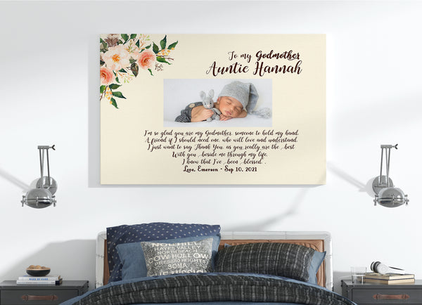 Personalized Canvas To My Godmother| Godmother Canvas with Picture| Baptism Gift Christening Gift for Godmother| Floral Canvas Thank You Gift for Godmother| JC731