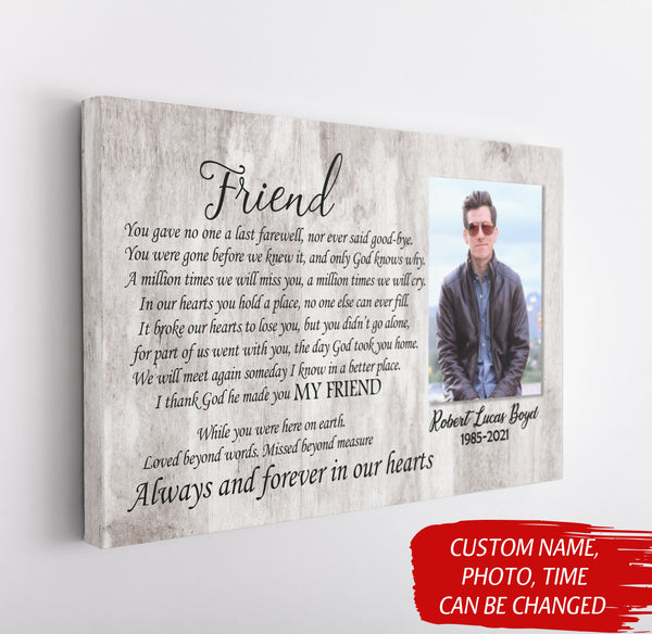 Friend Memorial Canvas - Personalized Memorial Gift for Loss of Friend Sympathy Gift In Loving Memory of Friend Remembrance Keepsake Friend Bereavement Condolence Gift - JC751