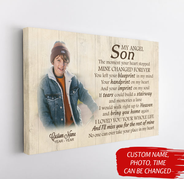 Son Remembrance Personalized Canvas| My Angel Son in Heaven| Memorial Gifts, Sympathy Gifts for Loss of Son, Son Bereavement Keepsake, Youth Cancer Condolence Gifts| N2403