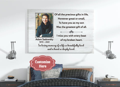 Remembrance Canvas| My Son The Greatest Gift Of All Memorial Canvas with Picture| Personalized Memorial Gift Sympathy Gift for Loss of Son| In Loving Memory of Son in Heaven JC679