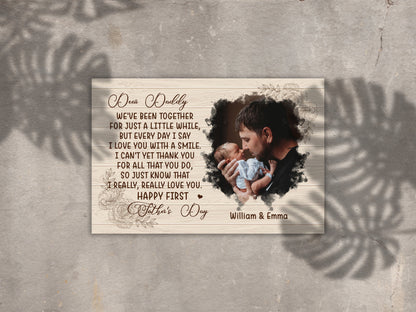 Happy First Fathers Day Personalized Canvas Gift for New Daddy 1st Time Father Gift Custom Baby Photo| N2570