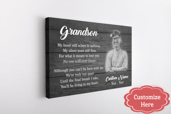 Grandson Remembrance Personalized Canvas - Living in My Heart| Grandson Memorial Gift, Sympathy Gift for Loss of Grandson, Bereavement Keepsake, Condolence Gift| N2350