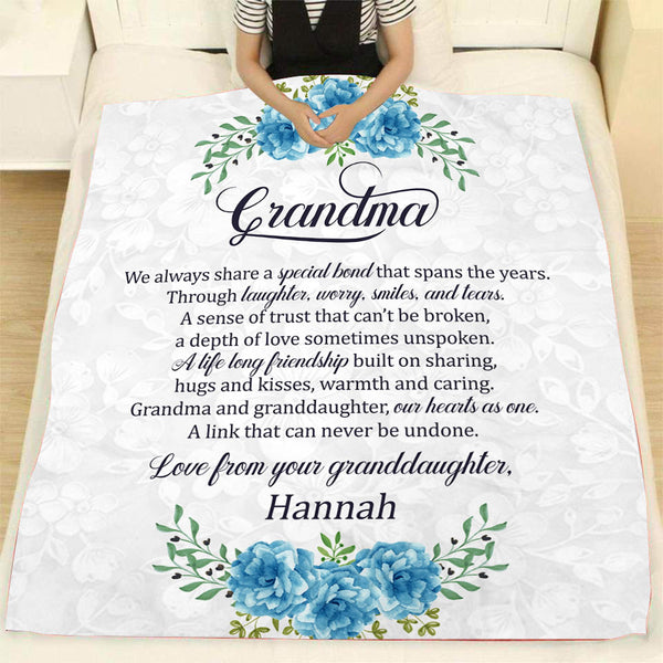 Grandma Blanket - Custom Blanket Gift for Grandma, Nana, Grandmother from Granddaughter - Blue Floral Fleece Blanket Grandma Gift for Christmas, Birthday, Thanksgiving - JB234