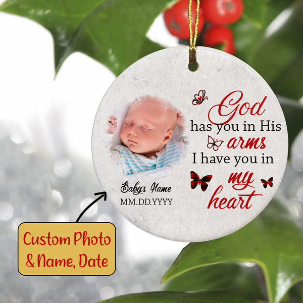 Baby Memorial Personalized Ornament - God Has you in His Arm, Baby Remembrance, Sympathy Gift for Loss of Child, Infant Loss, Grieving Mother| NOM44