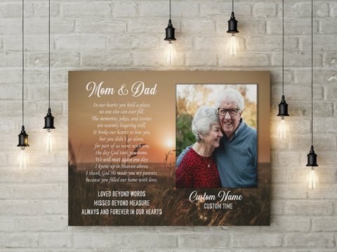 Parents Remembrance Canvas| Mom & Dad Always In My Heart Canvas with Picture Sunset Canvas| Personalized Memorial Gift for Loss of Parents, Mom & Dad in Heaven| Sympathy Gift JC681
