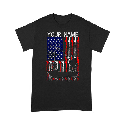 American flag 4th July fisherman kayak fishing custom name US fishing rod D05 NQS1244- Standard T-shirt