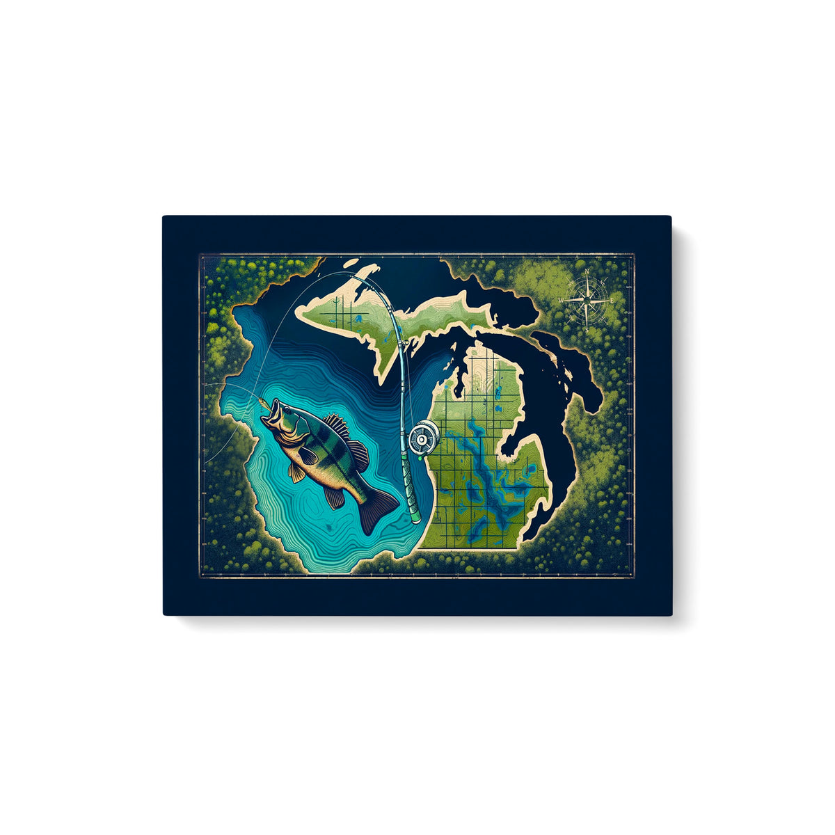 Michigan map art bass fishing canvas for bass fisherman