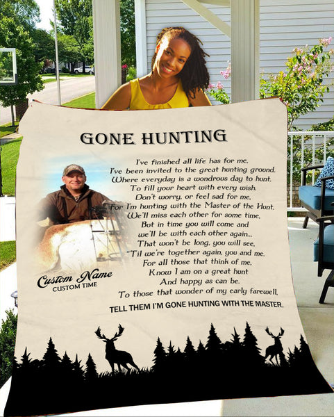 Hunting Theme Memorial Blanket - Gone Hunting Blanket Personalized Memorial Throw Remembrance Fleece Blanket Tribute Gift for Deceased Hunting Lover Sympathy Gift for Loved One - JB292