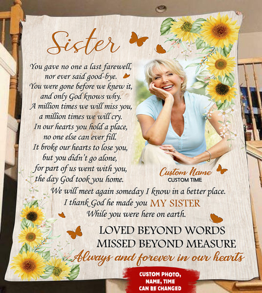 Personalized Sister Memorial Blanket - Butterfly & Sunflower Fleece Blanket Memorial Sympathy Gift for Loss Sister In Loving Memory of Sister Remembrance Blanket Condolence Gift - JB261