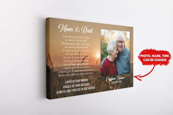 Parents Remembrance Canvas| Mom & Dad Always In My Heart Canvas with Picture Sunset Canvas| Personalized Memorial Gift for Loss of Parents, Mom & Dad in Heaven| Sympathy Gift JC681