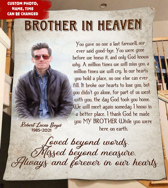 Brother Memorial Canvas| Brother in Heaven Fleece Blanket Personalized Memorial Gift for Loss of Brother In Loving Memory of Brother Sympathy Gift Remembrance Blanket Bereavement JB265