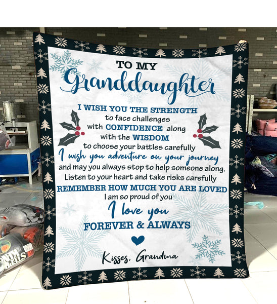 Personalized Blanket To My Granddaughter| Kisses from Grandma Fleece Blanket| Custom Name Blanket Sentimental Gift for Granddaughter on Birthday, Christmas, Graduation| JB199
