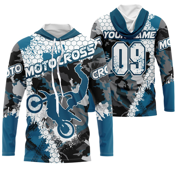 Women men kid custom Motocross jersey UPF30+ blue camo MX extreme biker racing off-road motorcycle PDT74