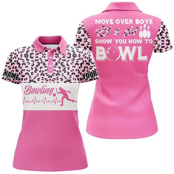 Bowling Girl Personalized Polo Shirt, Funny Women Bowling Pink Leopard Bowlers Jersey NBP43