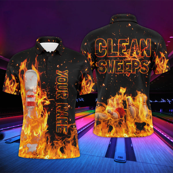 Flame Bowling Men Polo Shirt, Clean Sweeps Personalized Team Bowlers Jersey NBP80