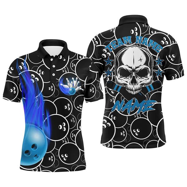 Personalized Men Flame Bowling Polo Shirt Cool Skull Pins Black Bowling Short Sleeve Men Bowlers NBP02