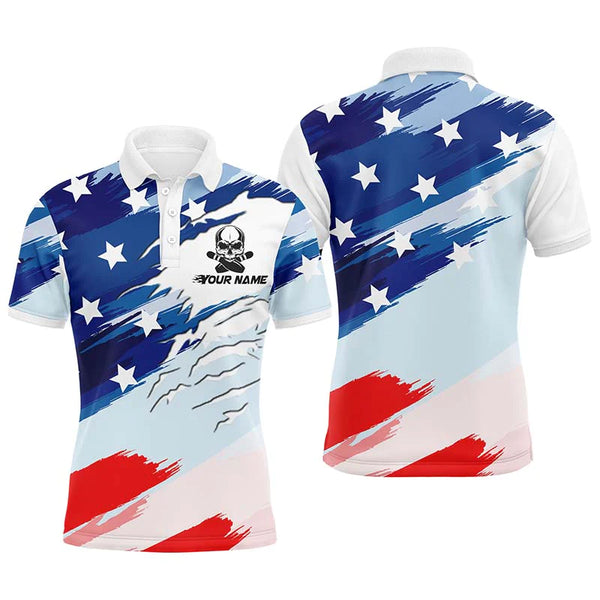 Personalized Men Bowling Polo Shirt, American Flag Skull Bowler Jersey Short Sleeve NBP63