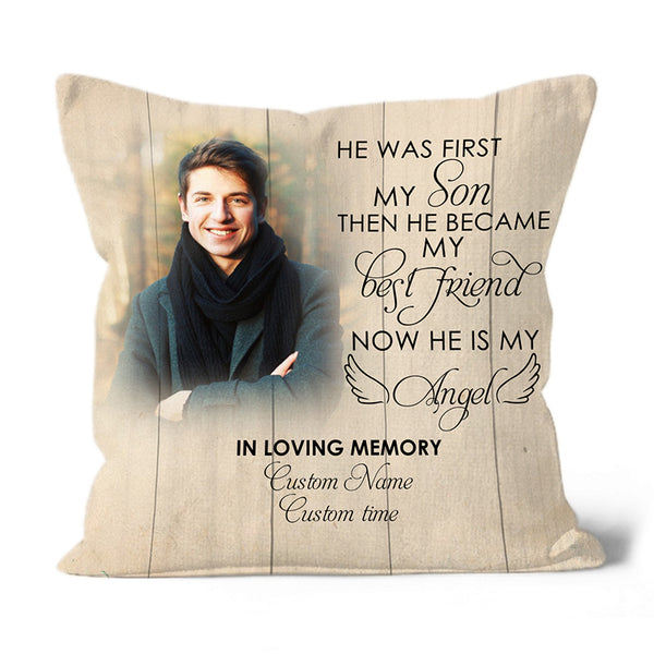 Son Memorial Personalized Pillow, First My Son Now My Angel Sympathy Gift 1-sided Print Pillow NPL188