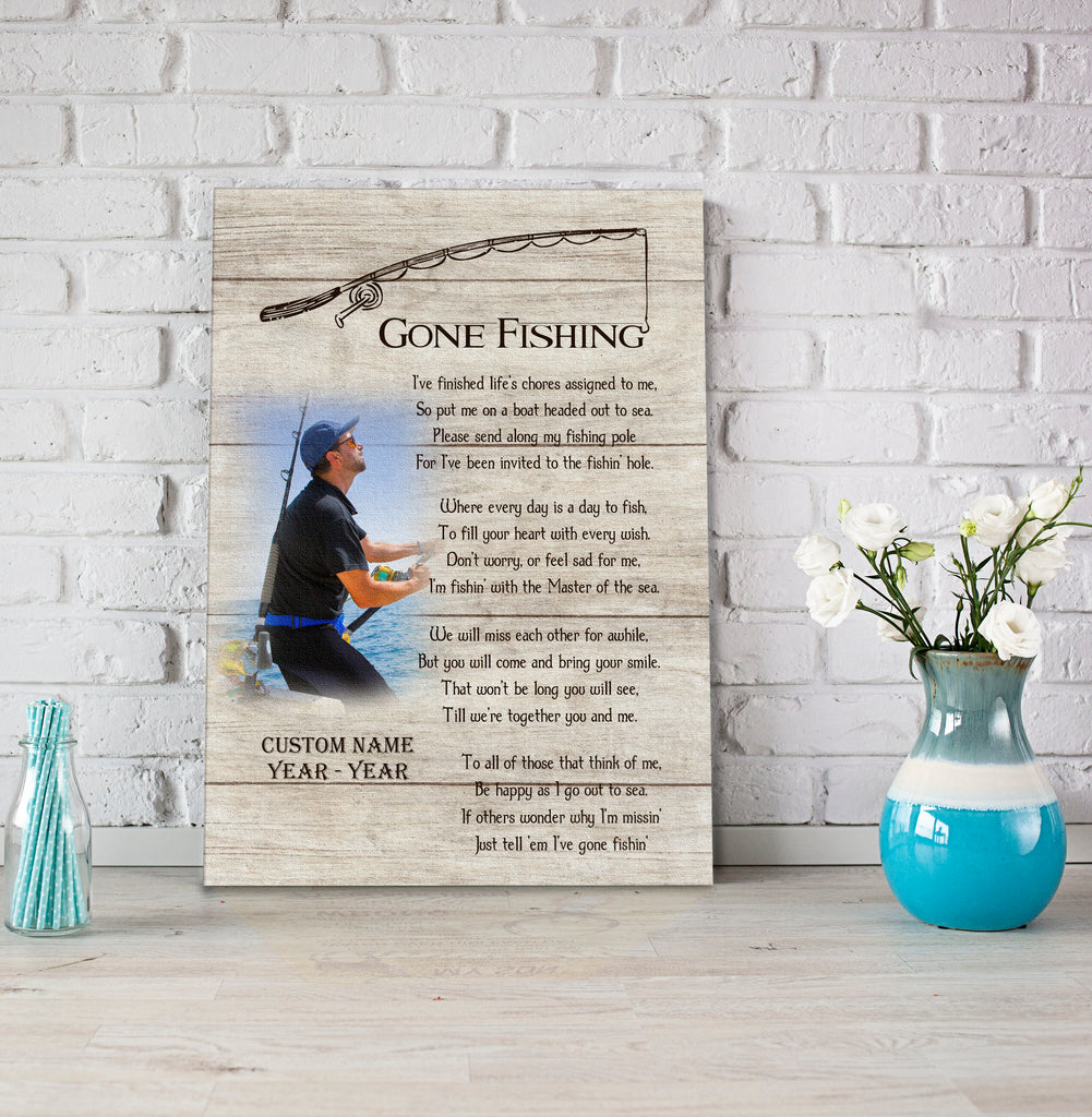 Gone Fishing Memorial Canvas, Personalized Fishing in Heaven
