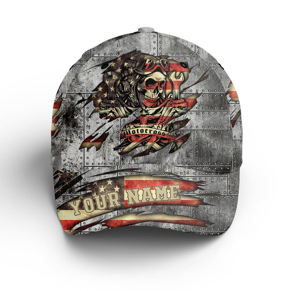 Motocross Skull Biker Cap - Personalized American Motorcycle BWB Hat, Off-road Riders Patriotic Cap| NMS385