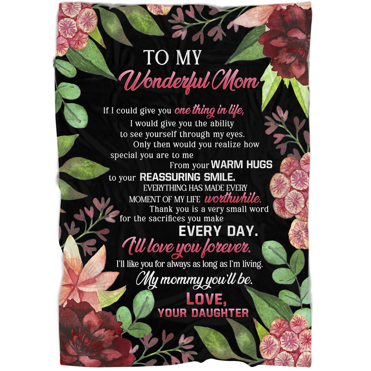 Personalized Blanket To My Wonderful Mom| Floral Blanket for Mom| Thoughtful Gift for Mom from Daughter on Mother's Day Christmas Birthday| Mom Blanket Mother Blanket| JB15