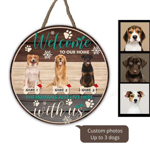 Humans Live Here with Us - Personalized Christmas Wooden Door Hanger for Dog Owners, Custom Dog Welcome Sign, X-mas Dog Sign Decor| NDH06