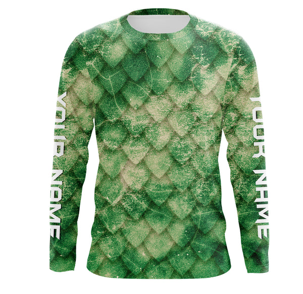 Fish scales Green Background Custom name UV Long sleeve Fishing Shirts | Bass tournament Fishing apparel - TMTS036