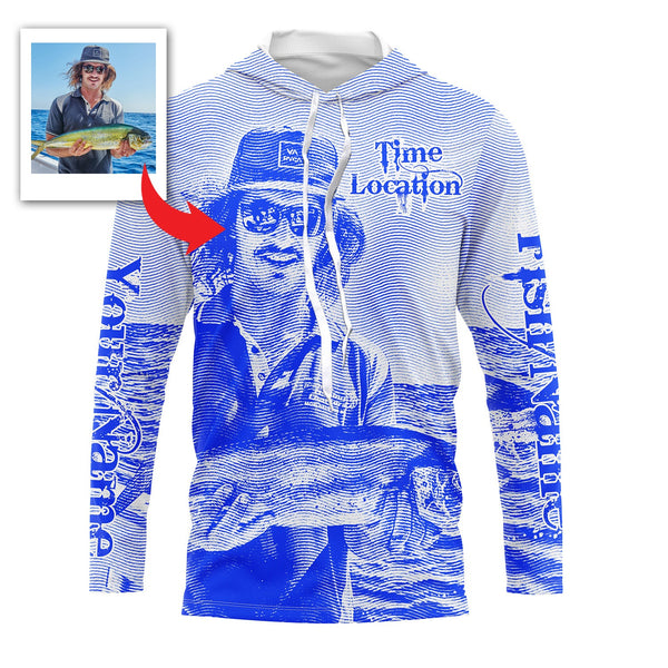 Fishing Shirt Custom Name, Image, Time, Location 3D UV protection Shirts UPF 30+ Fishing gift| Blue - TMTS050