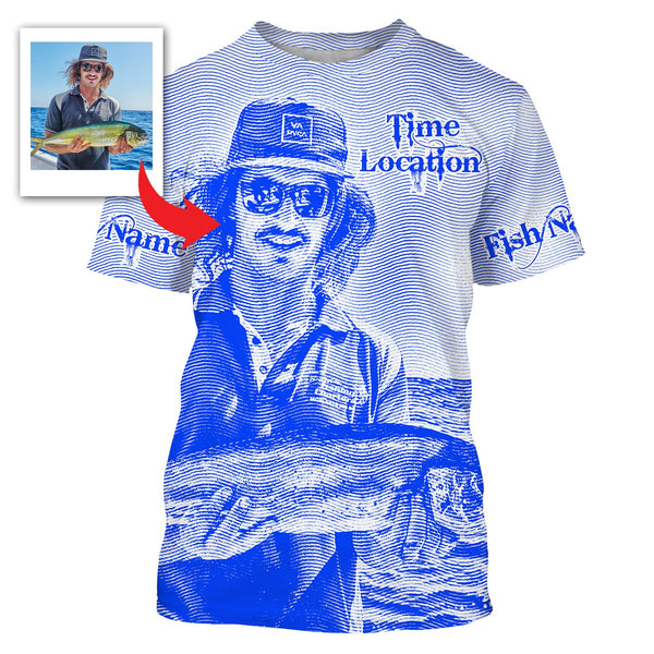 Fishing Shirt Custom Name, Image, Time, Location 3D UV protection Shirts UPF 30+ Fishing gift| Blue - TMTS050