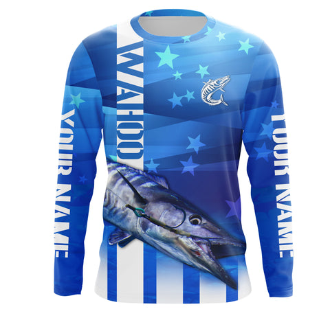 Wahoo Fishing Custom Blue Long sleeve performance Fishing Shirts, Wahoo Fishing apparel TMTS016