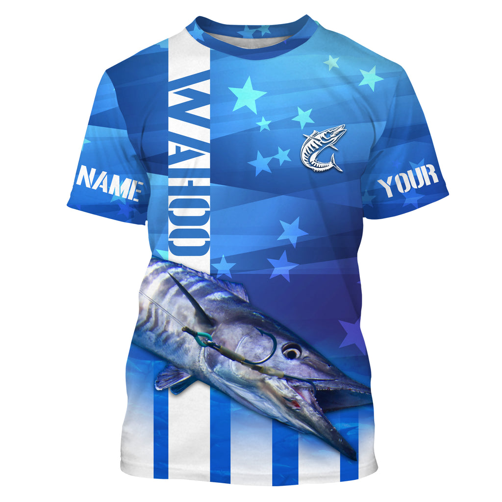 Wahoo Fishing Custom Blue Long Sleeve Performance Fishing Shirts, Wahoo Fishing Apparel TMTS016, T-Shirt UPF / M