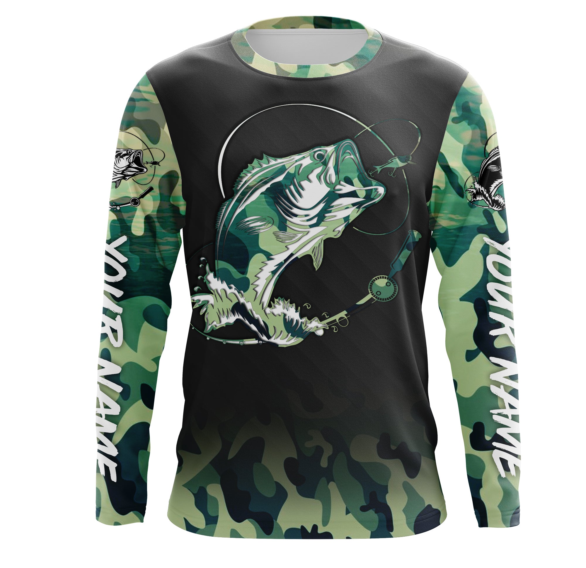 Bass Fishing Bass tattoo green camouflage Custom name Long Sleeve performance Fishing Shirts, personalized Bass Fishing jerseys TMTS039