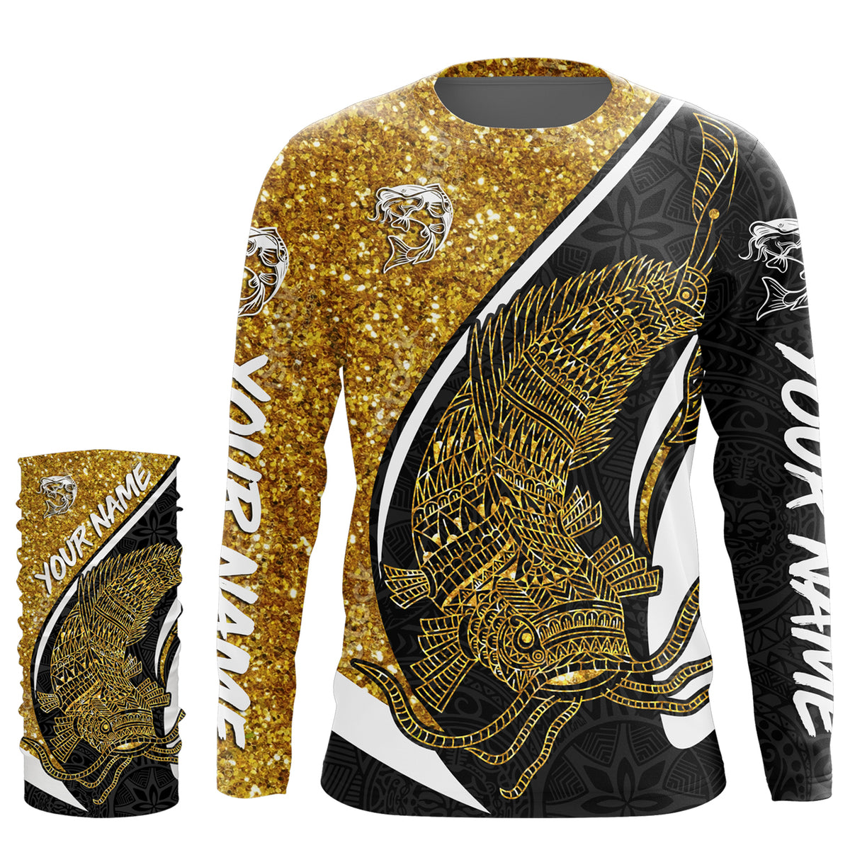 Catfish Fishing Gold Glitter Custom Name UV Protection Shirts, Tournament Fishing Catfish Fisherman Shirt TMTS020