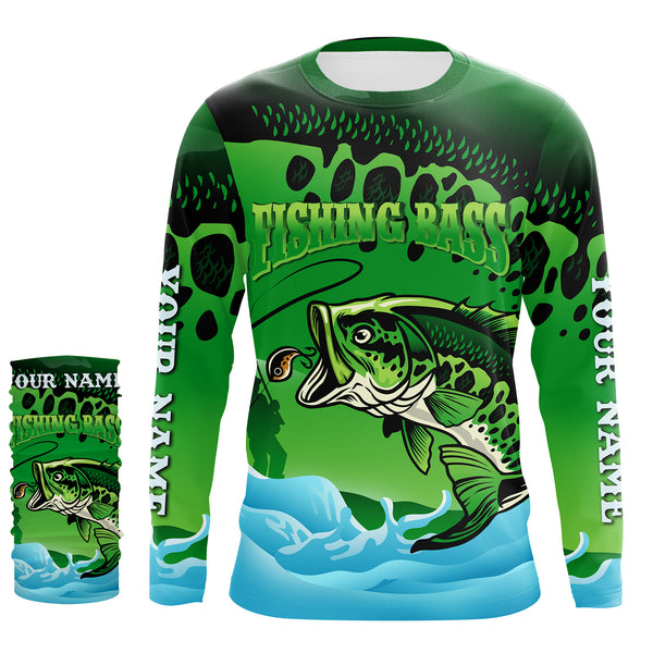 Personalized Bass Fishing green camo UV protection quick dry customize name fishing shirts UPF 30+ TMTS049