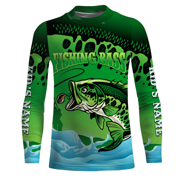 Personalized Bass Fishing green camo UV protection quick dry customize name fishing shirts UPF 30+ TMTS049