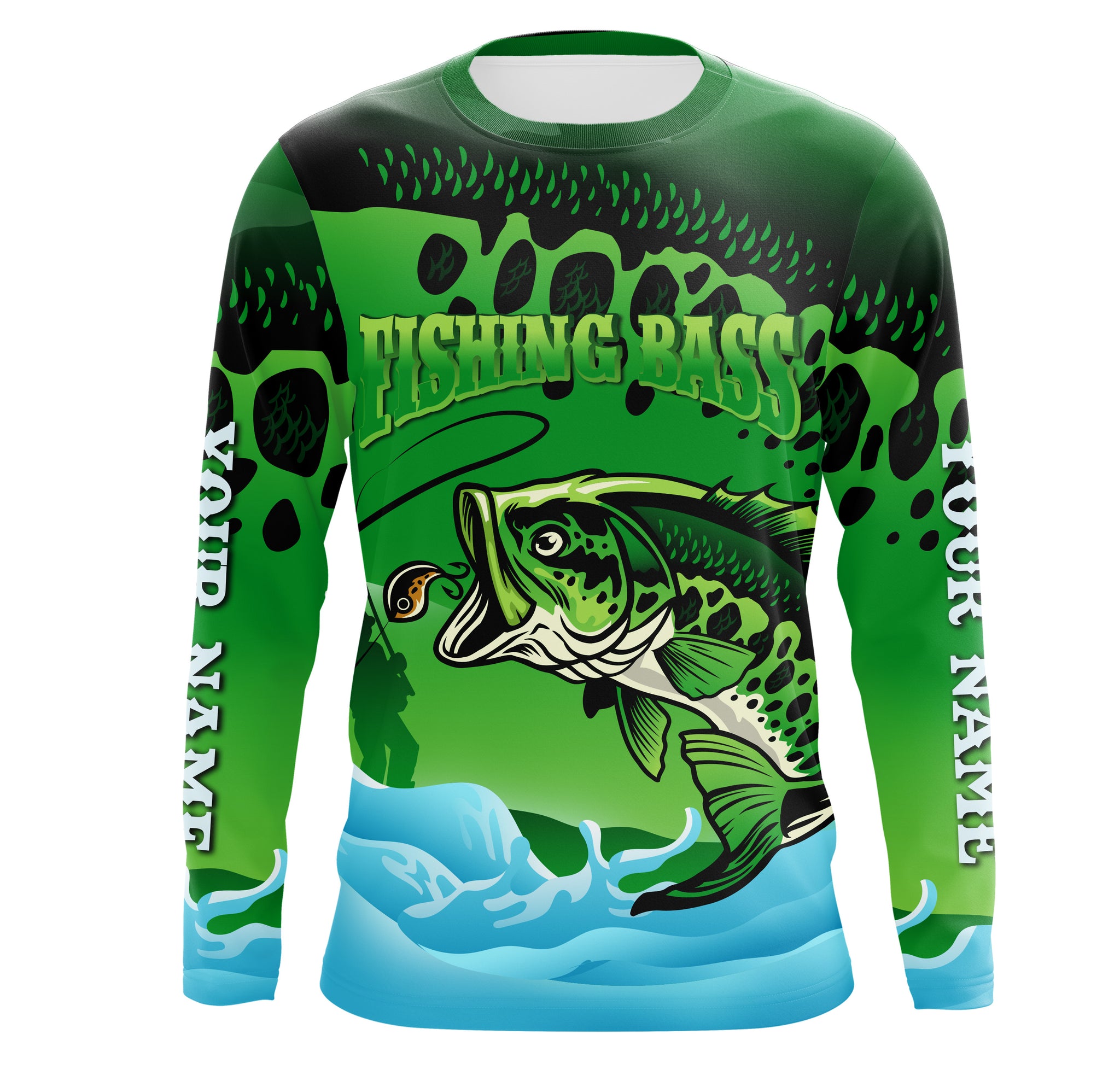 Personalized Bass Fishing green camo UV protection quick dry customize name fishing shirts UPF 30+ TMTS049