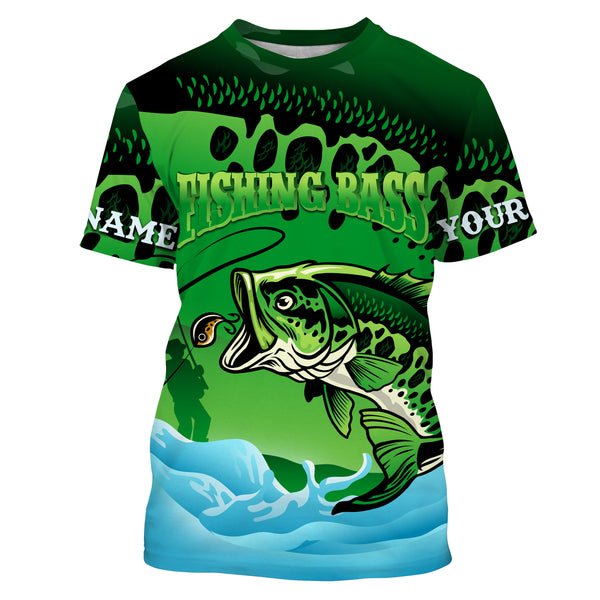 Personalized Bass Fishing green camo UV protection quick dry customize name fishing shirts UPF 30+ TMTS049