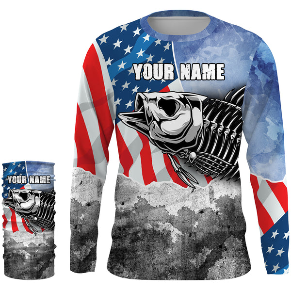 Bass Fishing Bass Skeleton American Flag Patriotic UV Protection Fishing Shirt Long Sleeve UPF 30+, Personalized Fishing Jerseys HVFS022