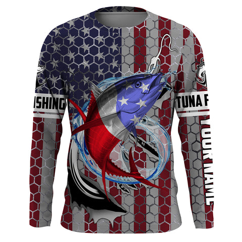 Personalized Tuna Fishing Fish Hook Vintage American Flag Saltwater Fishing UV Protection Fishing Shirts HVFS057