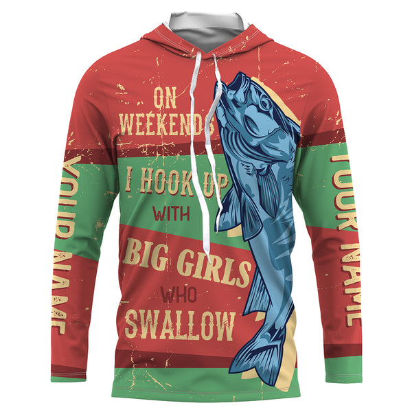 "On Weekends I Hook Up With Big Girl" Bass Fishing Custom UV Long Sleeve Fishing Shirts, vintage Fishing Shirts HVFS008