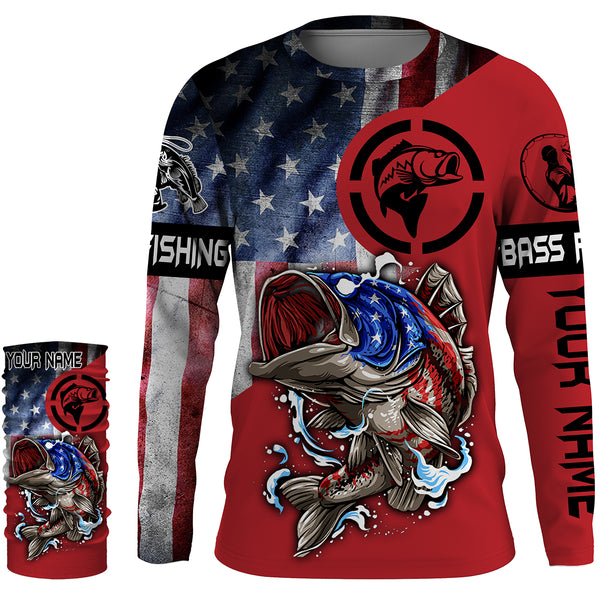 Bass Fishing Vintage American Flag 3D Custom Name UV Protection Shirts Fishing Apparel Patriotic Gift HVFS062