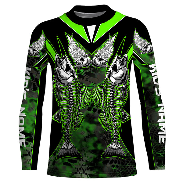 Bass Skeleton fishing UV protection quick dry Customize name long sleeves fishing shirts UPF 30+| Green HVFS012