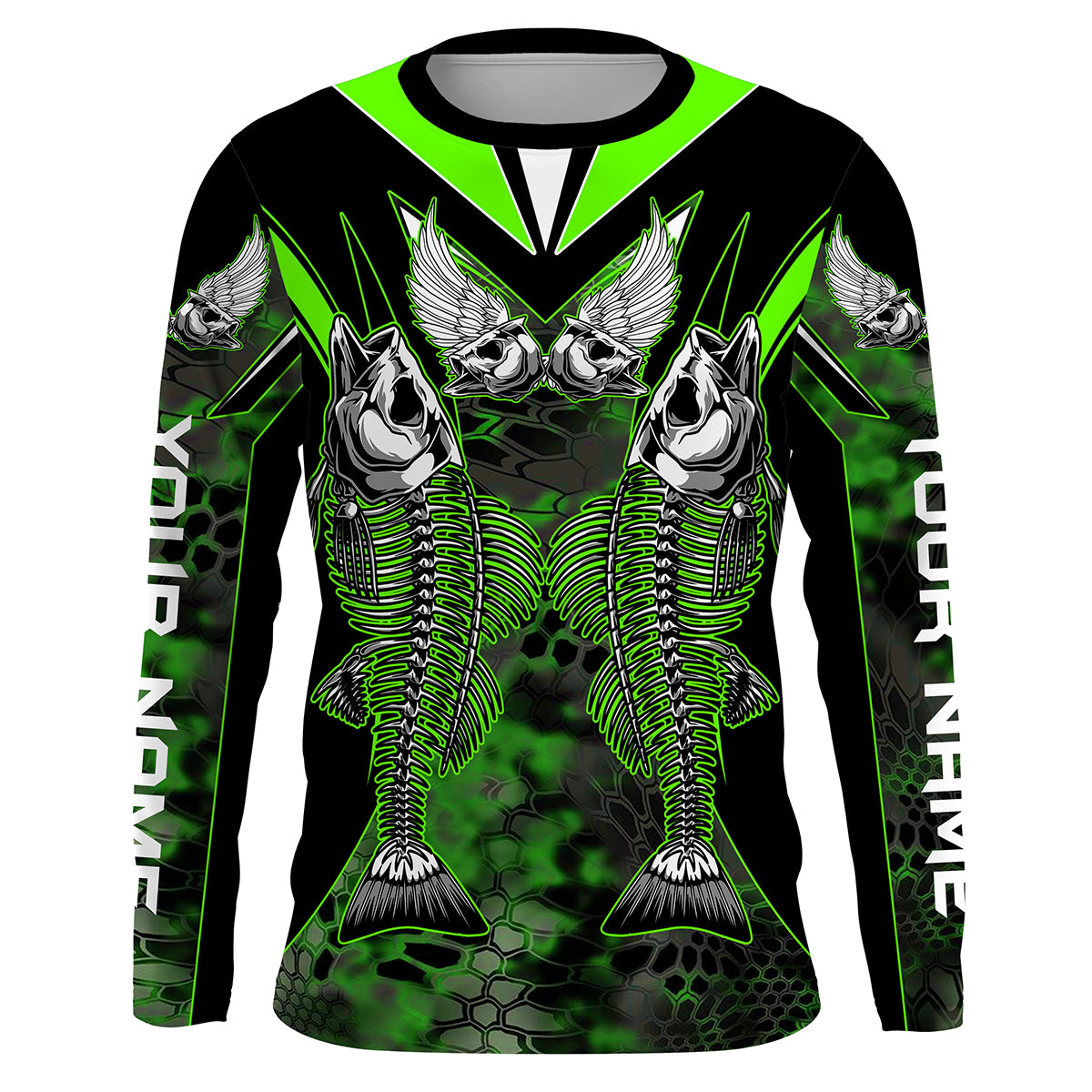 Bass Skeleton fishing UV protection quick dry Customize name long sleeves fishing shirts UPF 30+| Green HVFS012