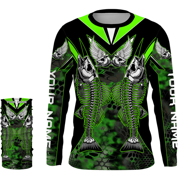 Bass Skeleton fishing UV protection quick dry Customize name long sleeves fishing shirts UPF 30+| Green HVFS012