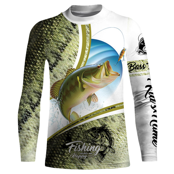 "Fishing makes me happy" Bass Fishing green scale camo custom name UV protection Shirts fishing gifts HVFS034