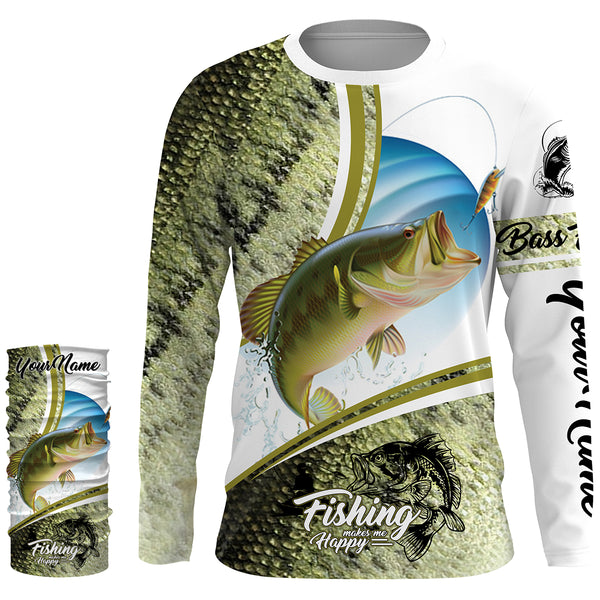 "Fishing makes me happy" Bass Fishing green scale camo custom name UV protection Shirts fishing gifts HVFS034