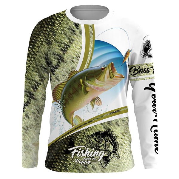 "Fishing makes me happy" Bass Fishing green scale camo custom name UV protection Shirts fishing gifts HVFS034